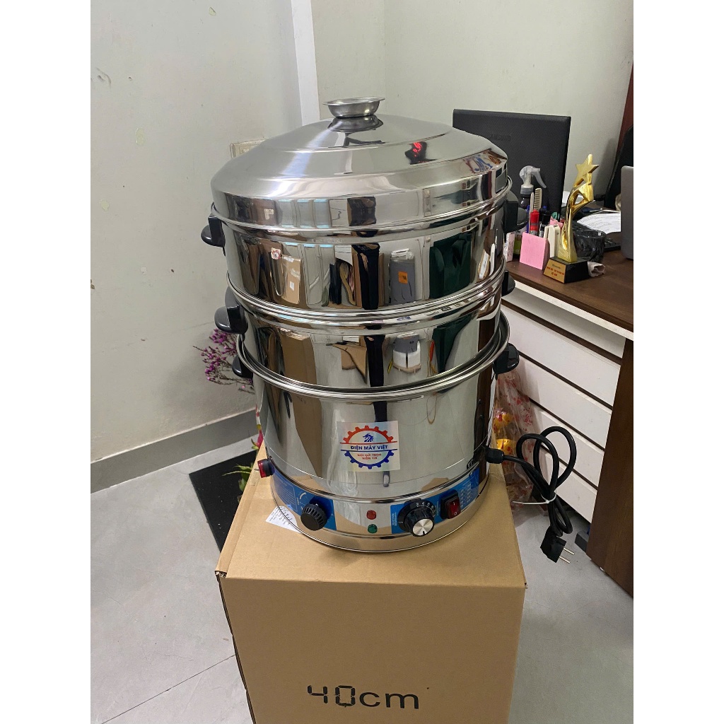 Nồi Hấp 6-10kg Xôi, Nồi Hấp 40cm 3 Tầng Chạy Điện, Tặng Miếng Lót Hấp Xôi