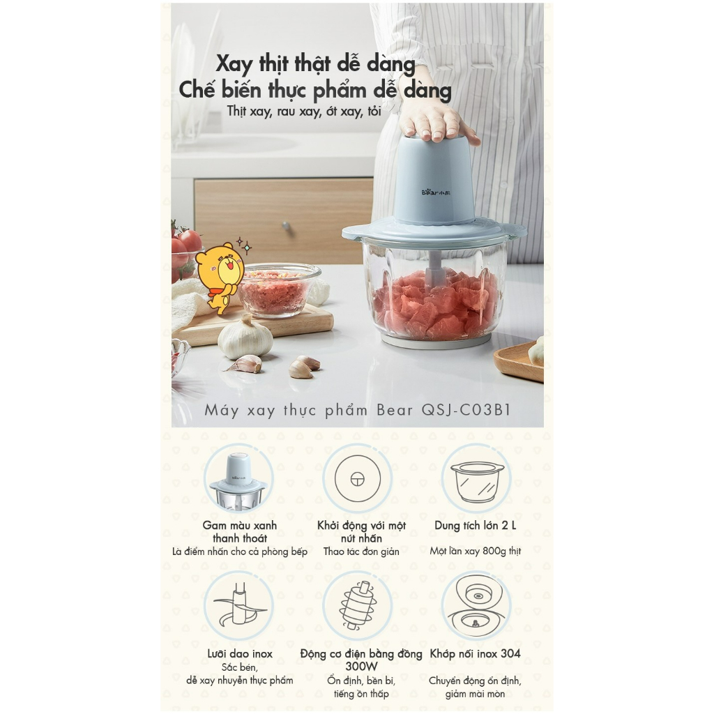 Máy xay thịt mini 1.8L Bear FCH-H036CF, 300W, Đa Năng Xay Tỏi Ớt, Rau Củ, Xay đá bi, BH 18 Tháng | BigBuy360 - bigbuy360.vn