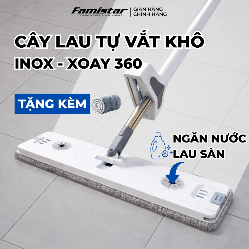 Cây lau nhà tự vắt khô 80% FAMISTAR, xoay 360 độ bản lau 45cm có đầu gạt nước tặng kèm 2 bông lau