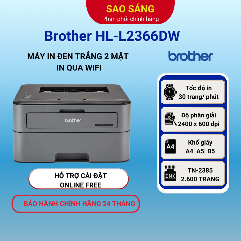 Máy in đảo mặt wifi laser đơn sắc Brother HL-L2366DW