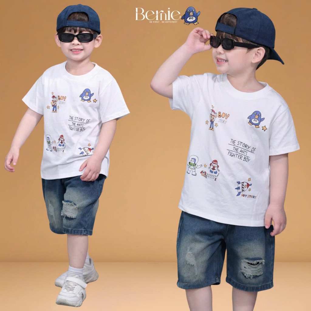 Set bộ bé trai Boy Story áo thun cotton quần jean rách mềm đi học đi chơi 9 tới 28kg BERNIE T1125B13
