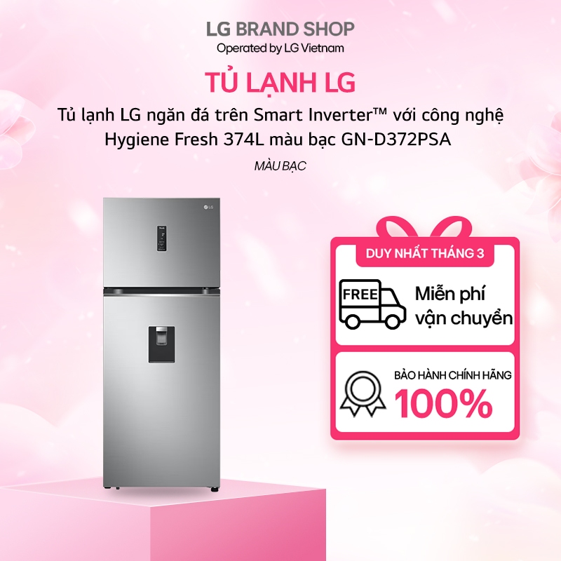 GN-D372PSA - Tủ lạnh LG ngăn đá trên Smart Inverter™ với công nghệ Hygiene Fresh 374L màu bạc