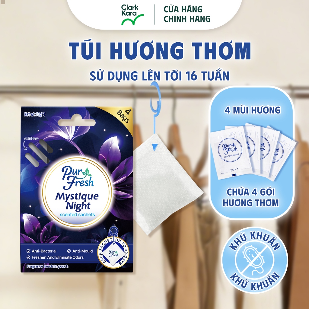 Combo 4 Túi Thơm PurFresh Khử Mùi, Kháng Khuẩn, Chống Nấm Mốc - Dùng Cho Xe, Tủ Quần Áo, Phòng Ngủ, Hương Thơm Lâu Dài
