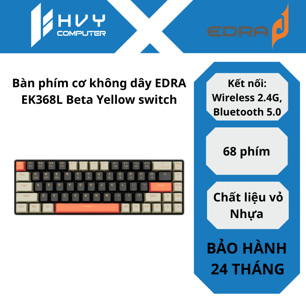 Bàn phím cơ không dây EDRA EK368L Beta Yellow switch - Hàng chính hãng