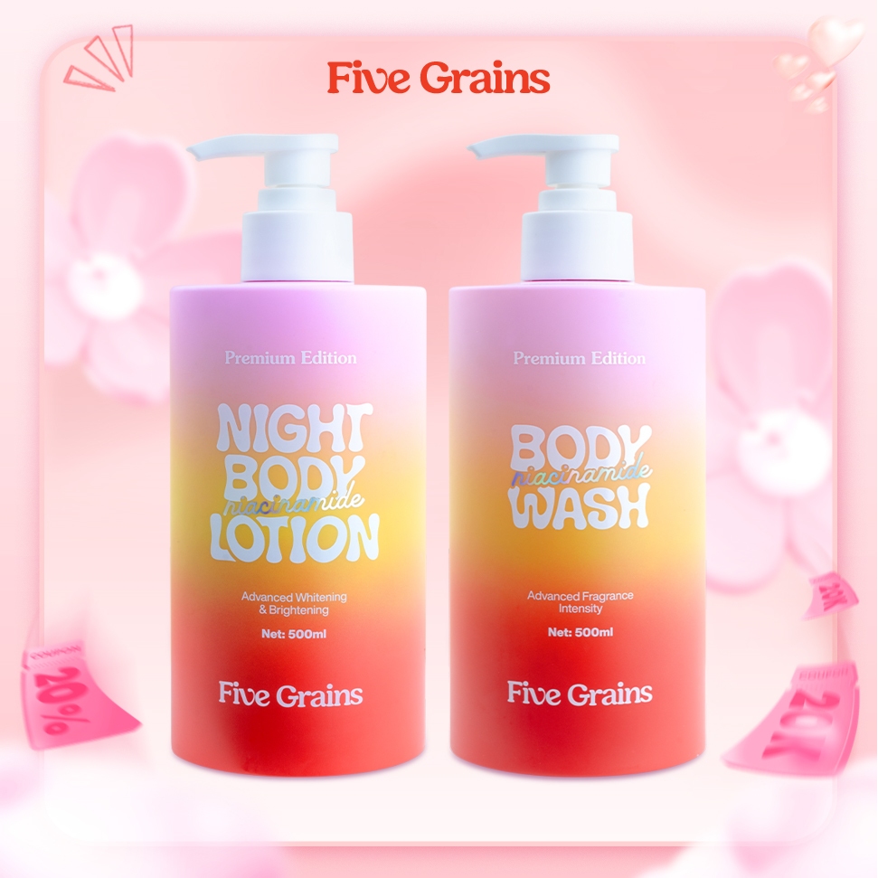 Combo dưỡng trắng da body sữa tắm, kem dưỡng ban đêm Five Grains Niacinamide, Alpha-Arbutin 500ml