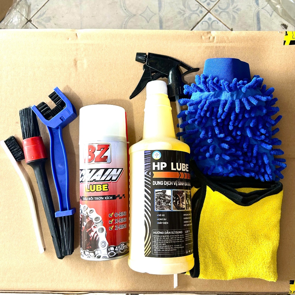 Bộ Dưỡng Sên BZ + Chai Tẩy Rửa Nhông Sên Dĩa Kết Hợp Rửa Xe HP Lube Super Clean 850ml  Kèm Bàn Chải,