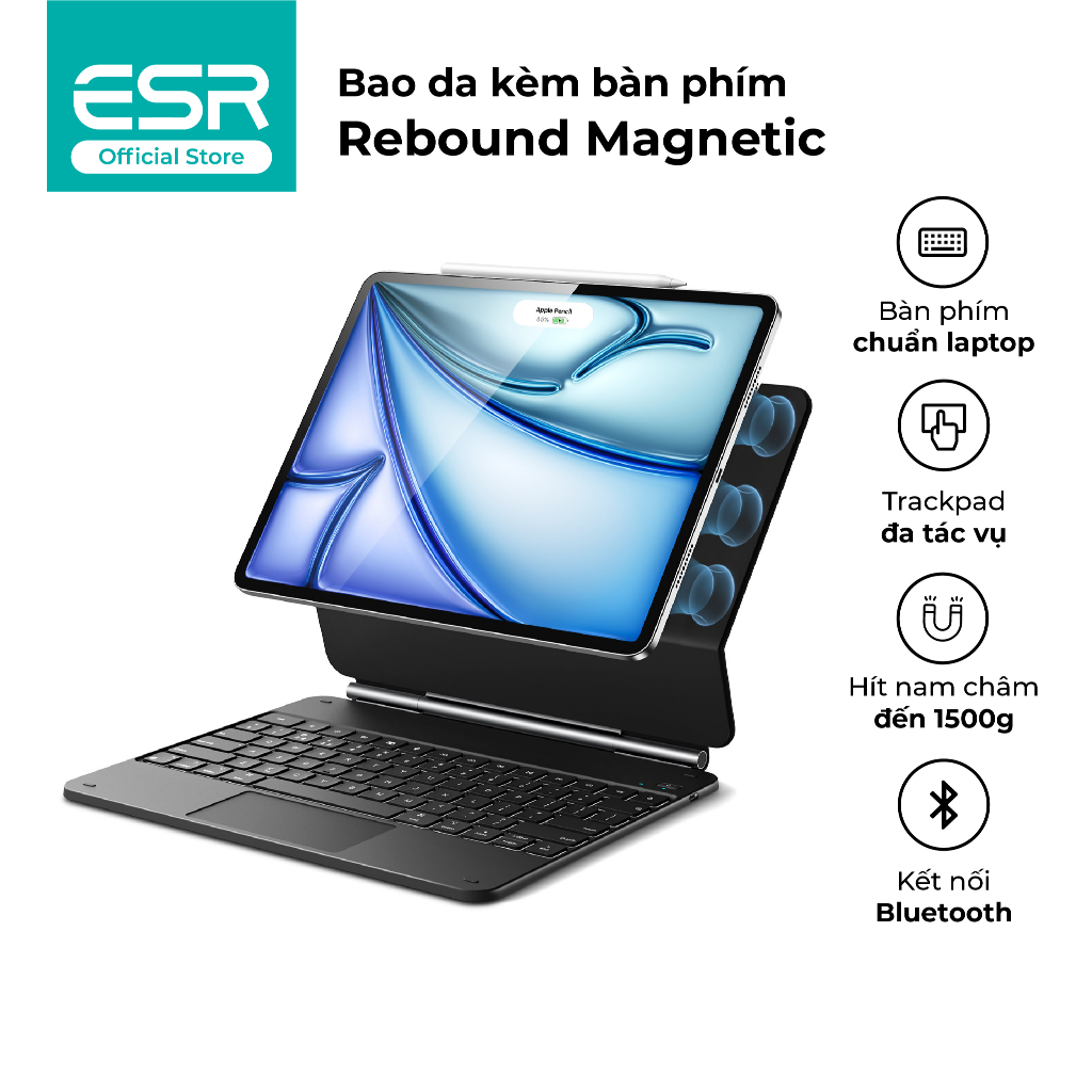 Bao da ốp lưng iPad kèm bàn phím ESR Rebound Magnetic Bảo vệ toàn diện Air 6/7, Pro 11”, Gen 11 A16 