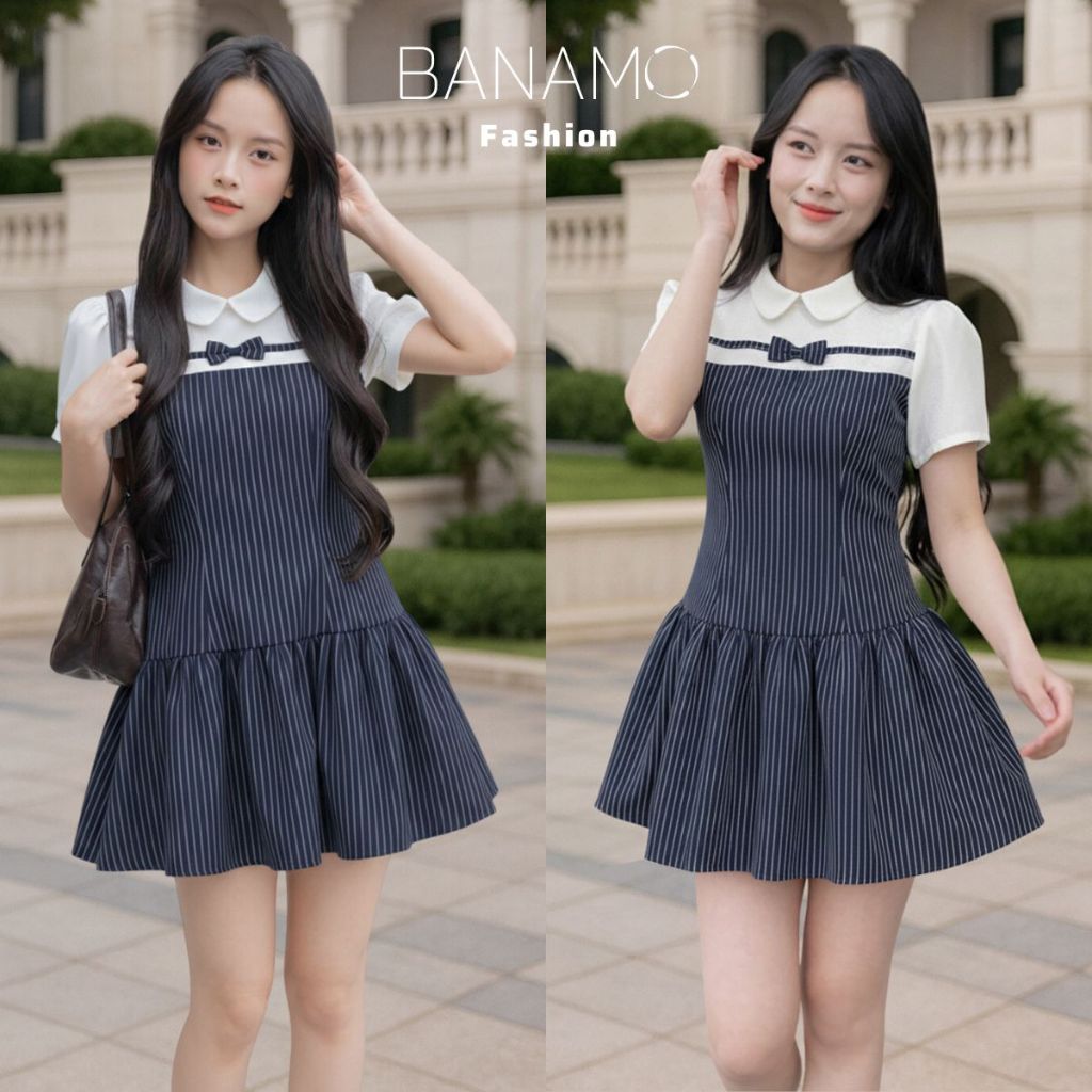 Đầm nữ BIGSIZE Banamo Fashion váy thiết kế cổ sen trắng đính nơ cộc tay phối kẻ sọc dọc dáng xoè tiểu thư 592 | BigBuy360 - bigbuy360.vn
