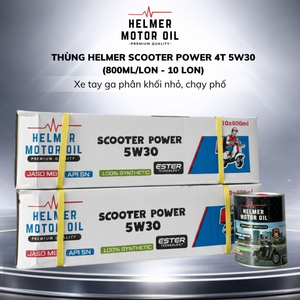 Thùng 10 lon nhớt xe tay ga Helmer Motor Oil Scooter Power 5W30 - 800ml