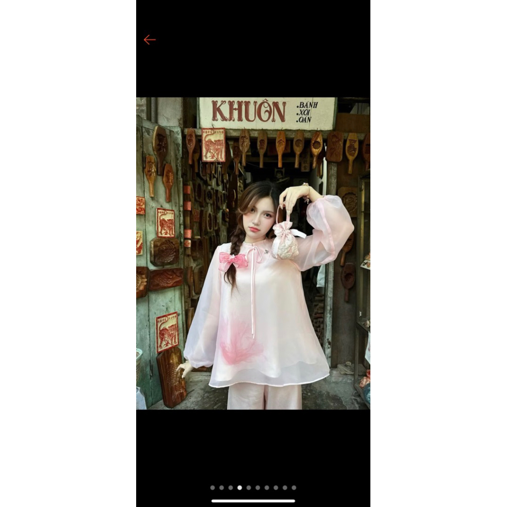 Set bộ áo nữ cách tân thanh hoa tay phồng in phối kèm quần tơ của GUVIE.STUDIO