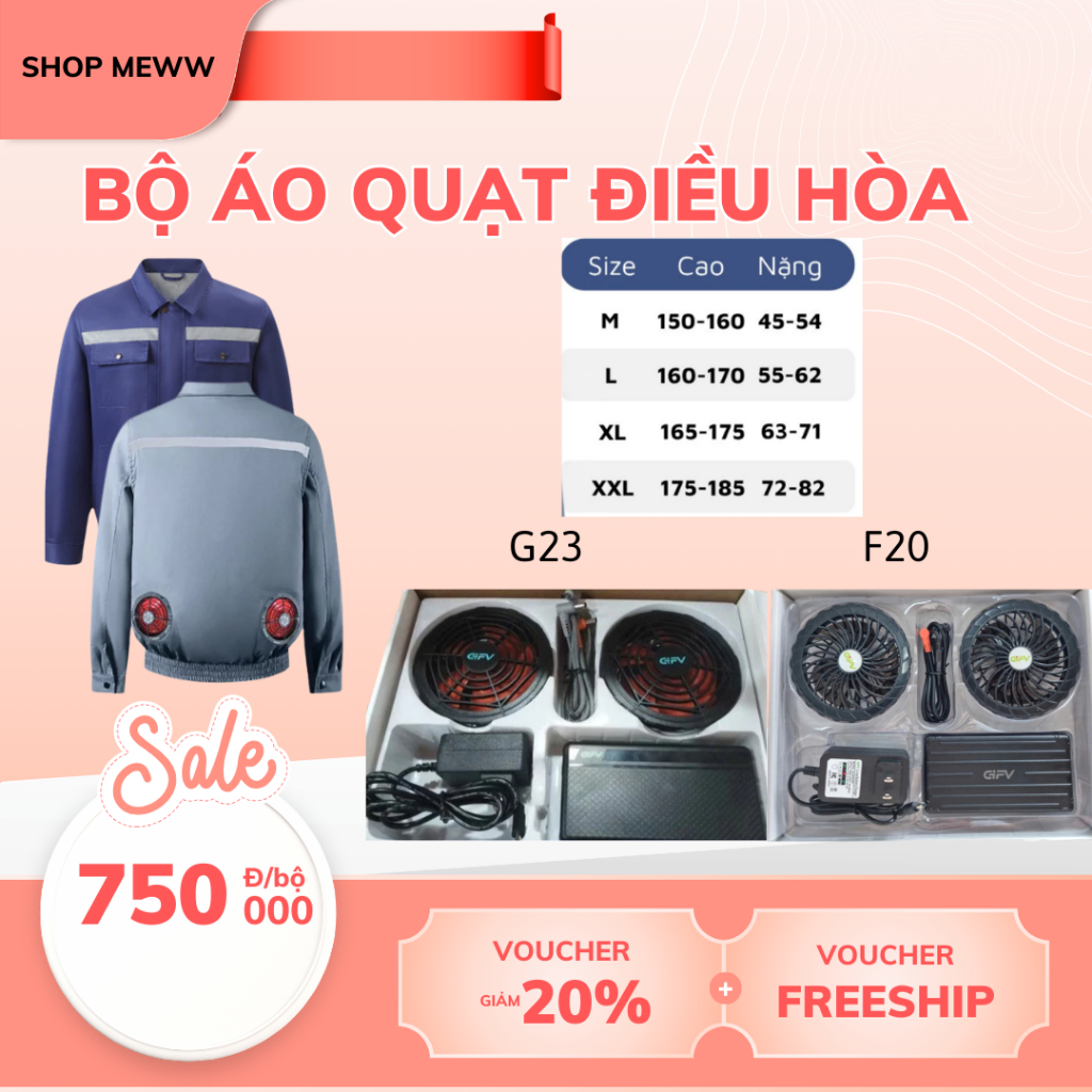 Bộ Pin Áo Điều Hòa hàng chính hãng Gifv F20 Dung Lượng 50.000mah, Quạt 12V, Hoạt Động 12H