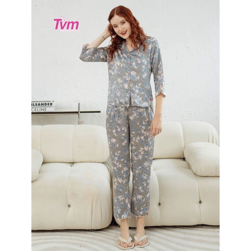 Bộ dài nữ tay lỡ B519 Tvm Luxury Homewear, chất liệu satin