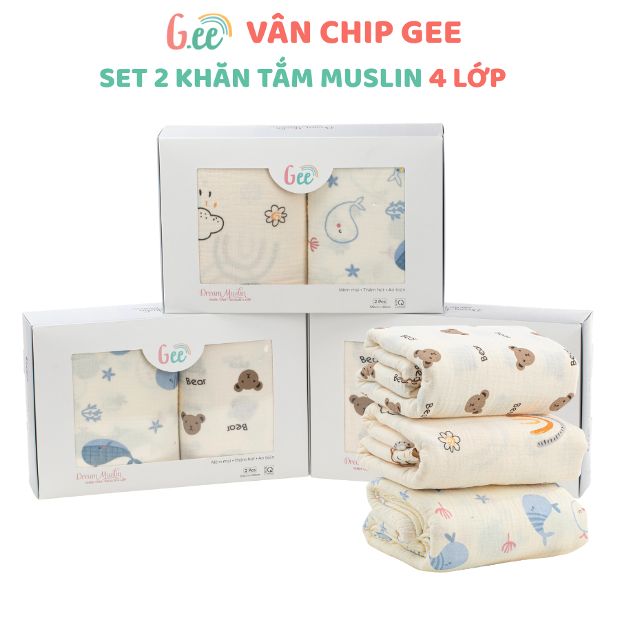 Set 2 khăn tắm 4 lớp Gee muslin dày dặn, thềm mại, thấm hút kích thước 100*100cm