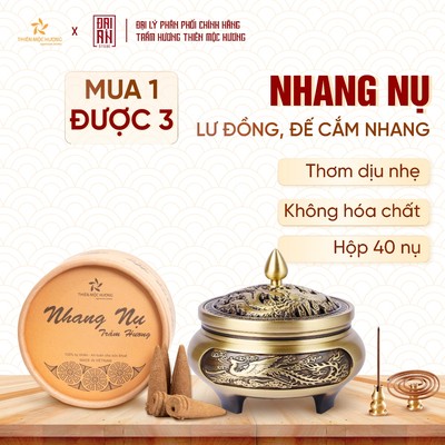 Combo nhang nụ trầm hương Thiên Mộc Hương hộp 40 nụ kèm lư đồng xông trầm thơm nhà, đón tài lộc