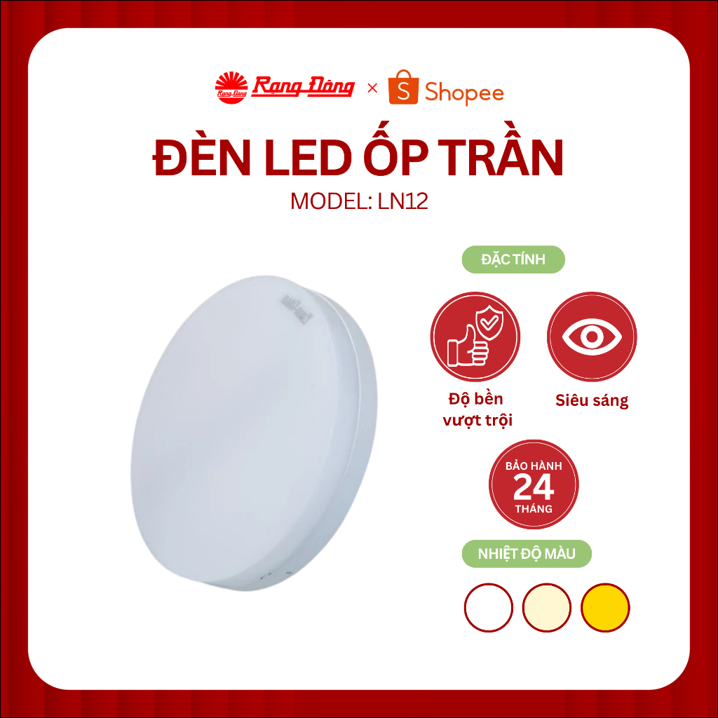 Đèn LED ốp trần tròn Rạng Đông model LN12N đế nhựa