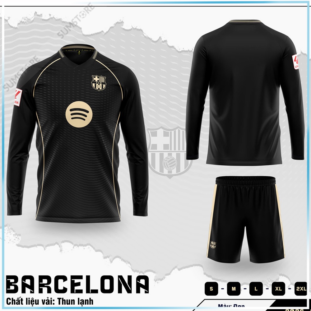 Quần Áo Bóng Đá Barca Đen Dài Tay - Đồ Đá Banh Thể Thao Nam Nữ Mới Đẹp