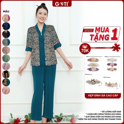 Đồ Bộ Trung Niên GOTI Mặc Nhà Nữ Sang Trọng Chất Gấm Cao Cấp Cổ Chui Tay Lững Có Túi Pijama Lụa Cho Mẹ 3359 3360
