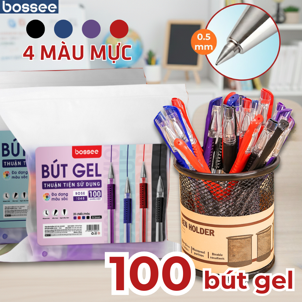 Set 100 Bút Chữ A Mực Gel Bossee 4 Màu Nét Viết 0.5mm, Túi 100 Bút Bi Nước Văn Phòng Mực Nhanh Khô