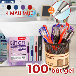 Set 100 Bút Chữ A Mực Gel Bossee 4 Màu Nét Viết 0.5mm, Túi 100 Bút Bi Nước Văn Phòng Mực Nhanh Khô
