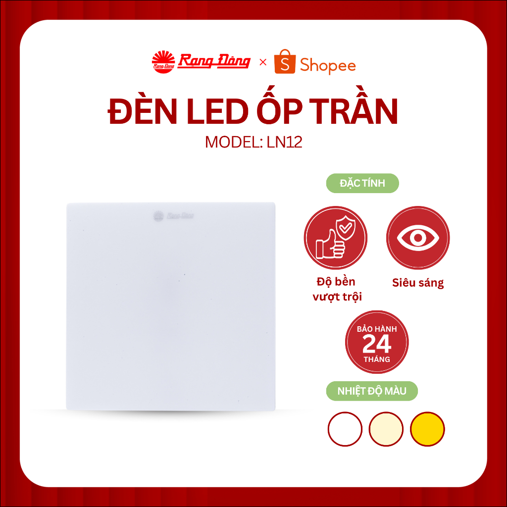 Đèn LED ốp trần vuông Rạng Đông model LN12N đế nhựa