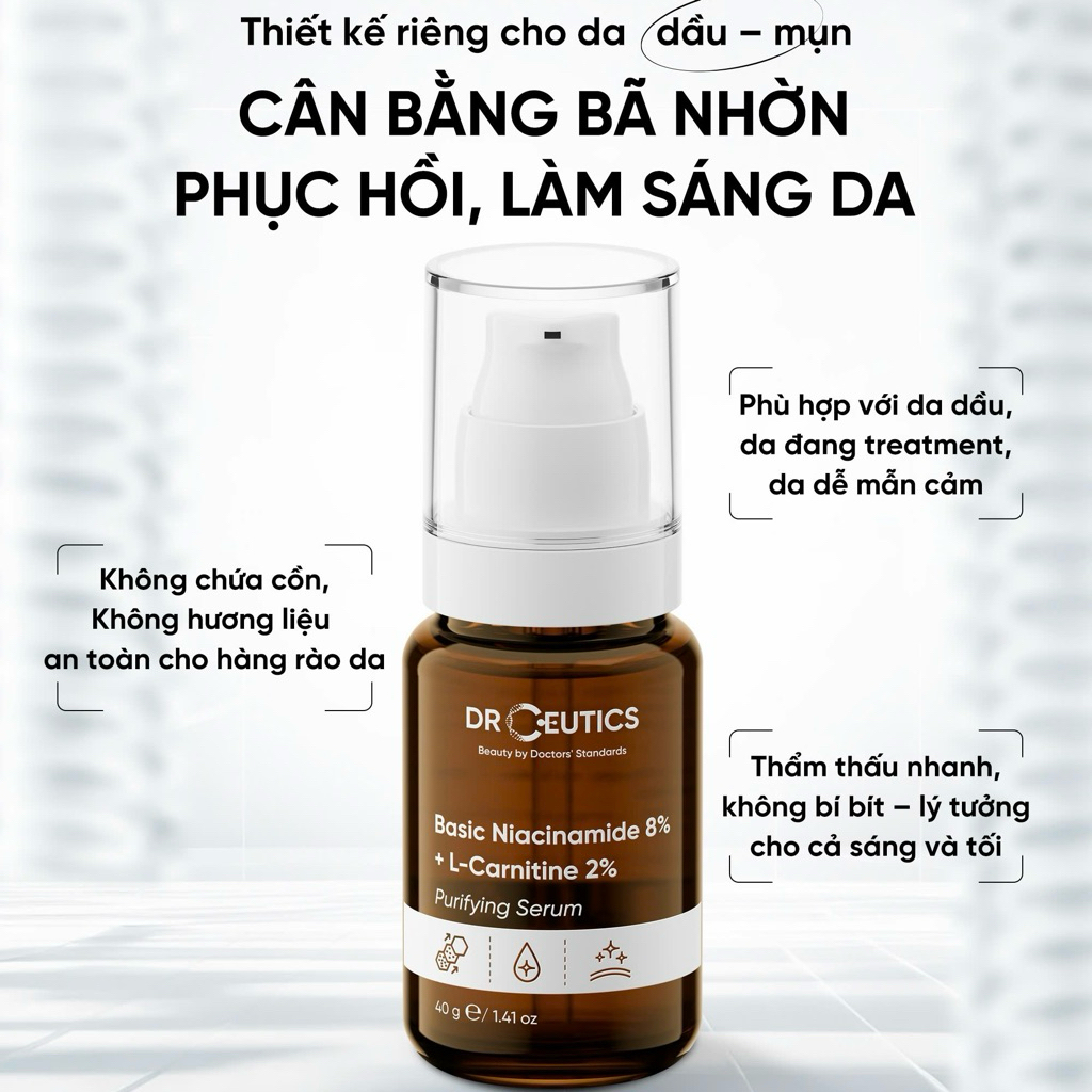 Serum Sáng Da Mờ Thâm Kiềm Dầu Giảm Mụn Drceutics Niacinamide 8% + L-Carnitine 2% (40g)