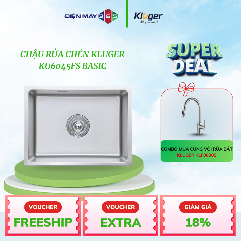 Kluger KU6045FS Basic – Chậu rửa bát Inox 304 – Bề mặt Linen chống xước – Seamless ép liền khối