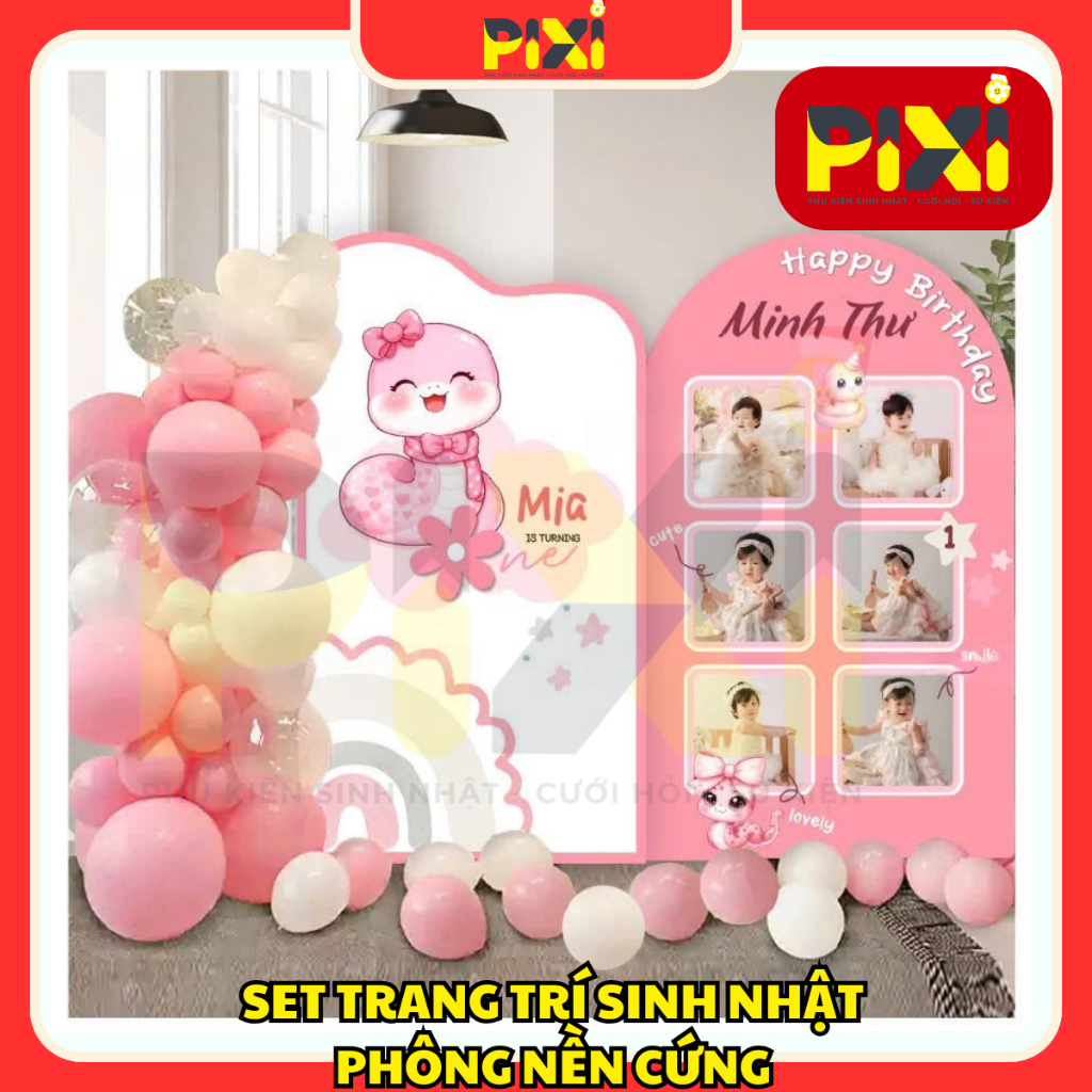 SET Trang Trí Sinh Nhật Phông Cứng Tuổi Tỵ, Tuổi Rắn Hồng - Phông Formex Pixi Party