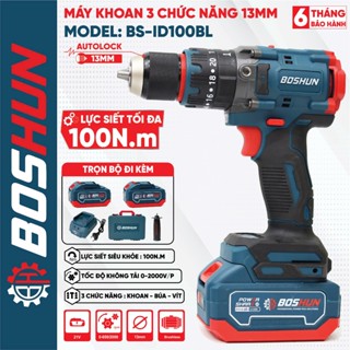 Bộ máy khoan pin BOSHUN BS-ID100BL, Lực siết 100Nm, 3 chức năng, 2 pin 10CELL, Motor Không chổi than