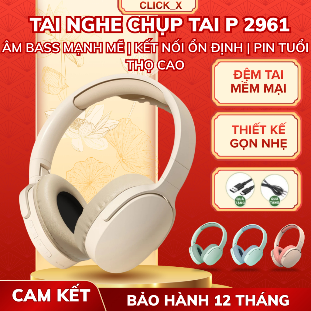 Tai Nghe Bluetooth Chụp Tai P2961 – Chống Ồn Tuyệt Đối, Gập Gọn Siêu Tiện, Âm Thanh HiFi