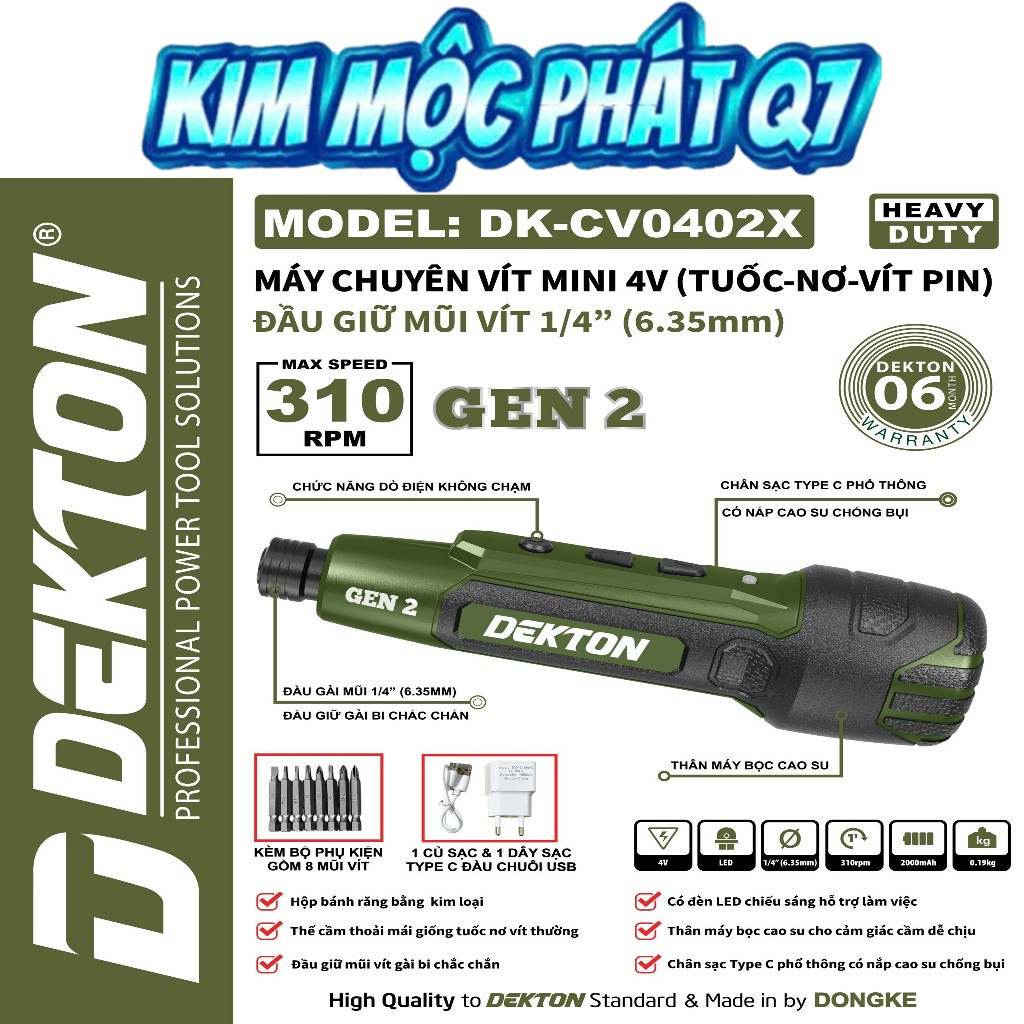 Máy Siết Vít Mini 4V Gen 2 Dekton DK-CV0402, Tốc Độ 310v/p, Dò Điện Không Chạm Thông Minh, Kèm Mũi V