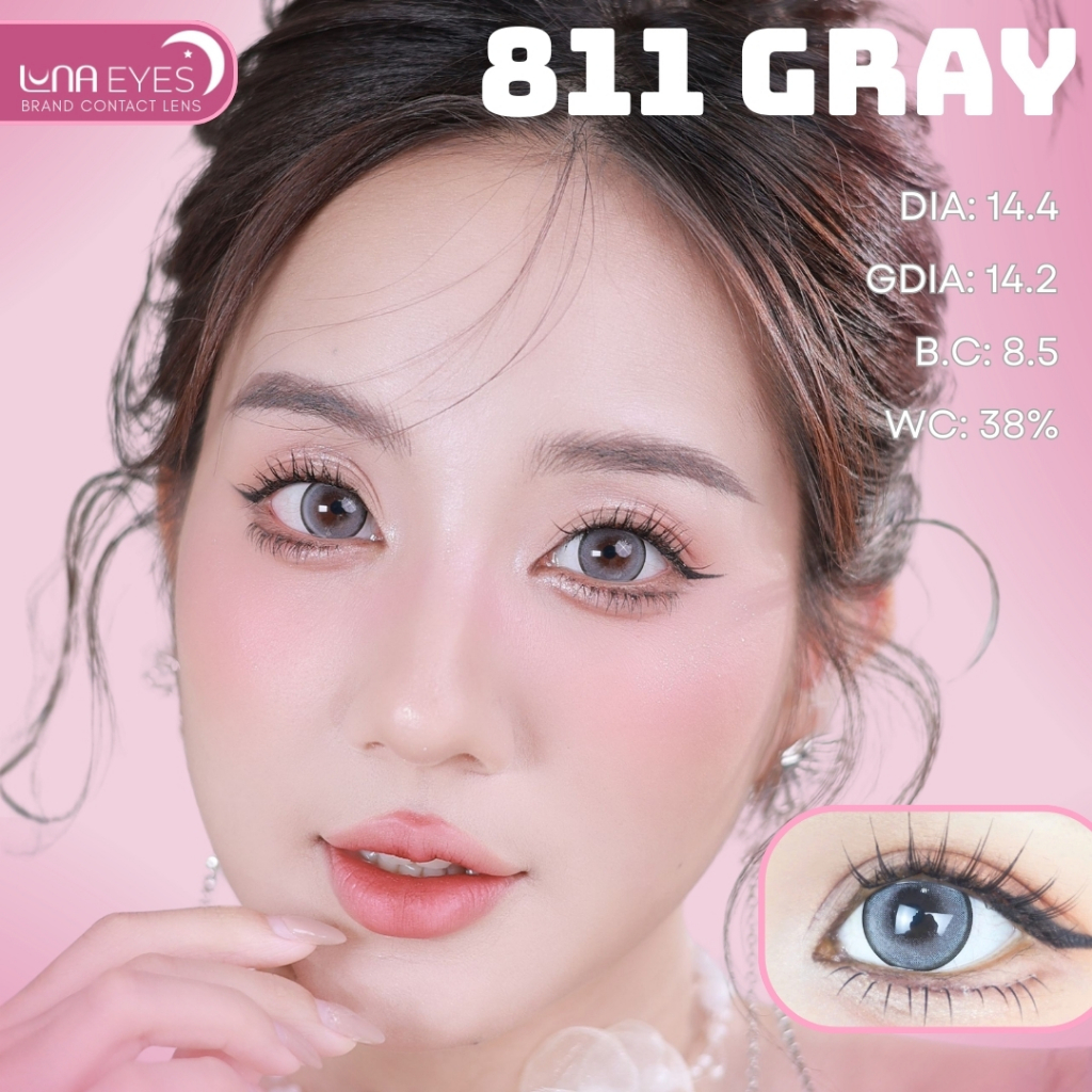 [6 tháng] Lens mắt 811 Gray màu xám sáng, viền đen mảnh, size to - thương hiệu LUNA EYES