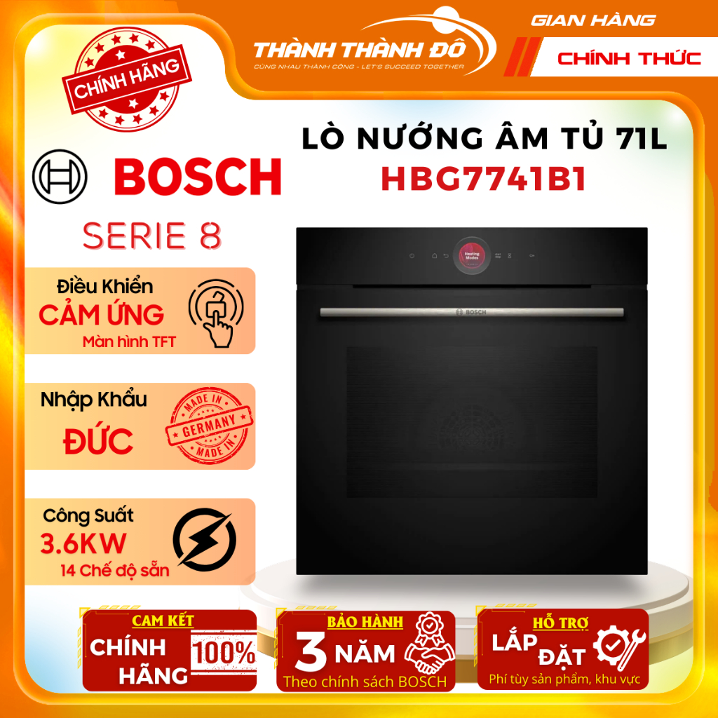 [CHÍNH HÃNG] Lò nướng âm tường Bosch HBG7741B1 Series 8 - 60cm - Hệ Thống Tự Làm Sạch Thông Minh - T
