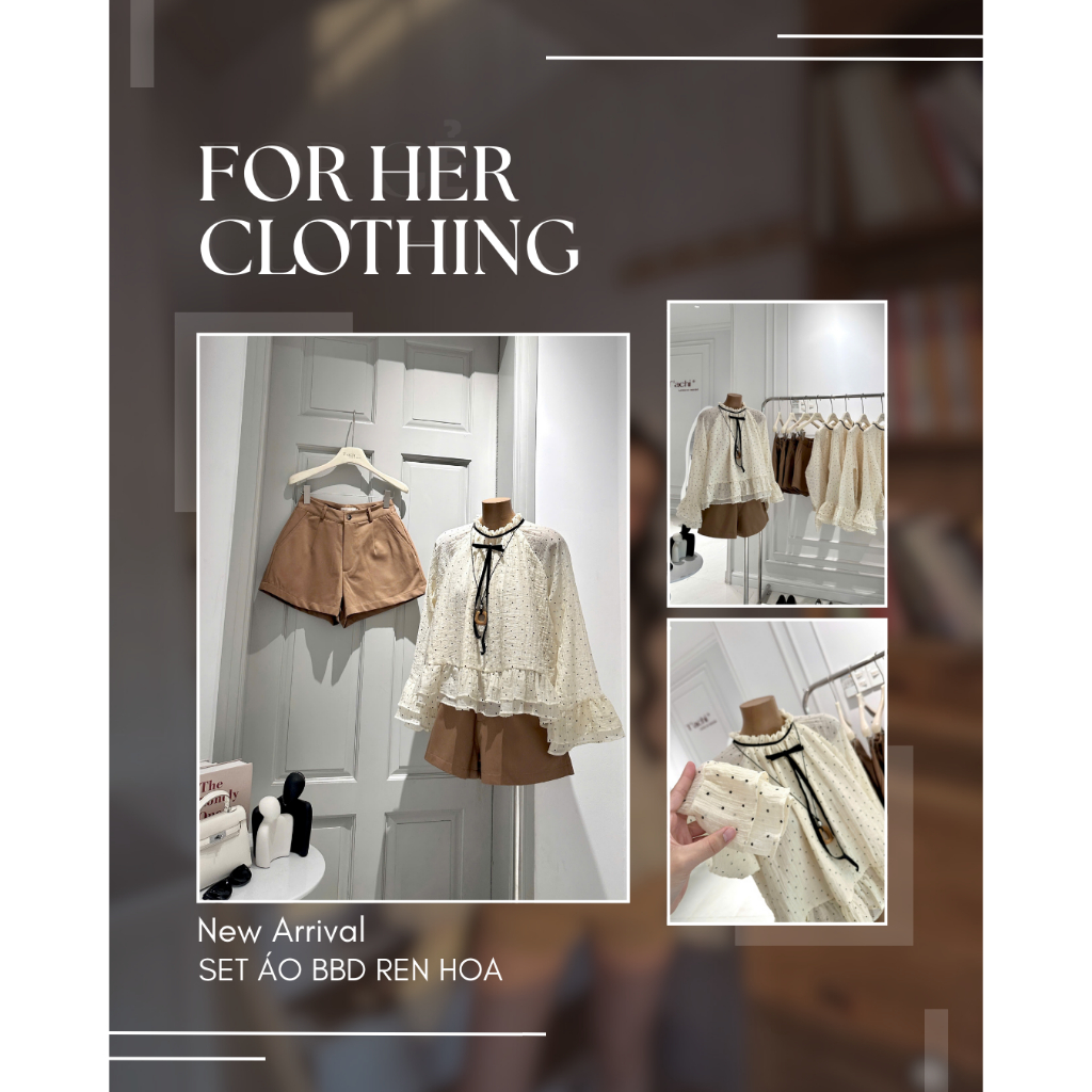 Set áo chấm bi tay loe cổ viền nơ đen kèm quần short nâu FOR HER CLOTHING