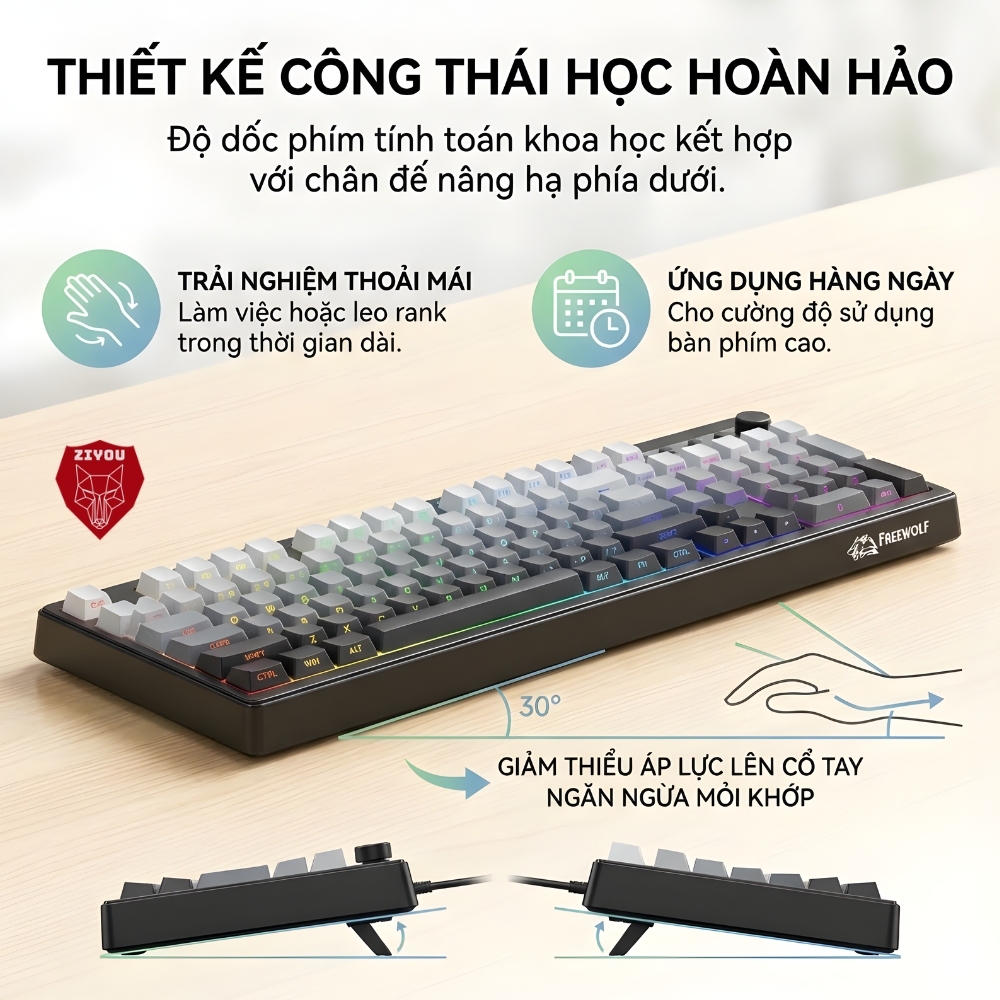 Bàn Phím Bluetooth Không Dây Ziyou FreeWolf K100 Full Size, LED RGB, Pin 4000mAh, Keycap PBT, Gõ Êm | BigBuy360 - bigbuy360.vn