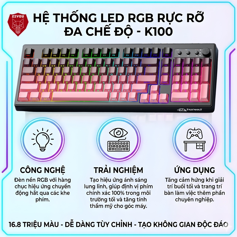 Bàn Phím Bluetooth Không Dây Ziyou FreeWolf K100 Full Size, LED RGB, Pin 4000mAh, Keycap PBT, Gõ Êm | BigBuy360 - bigbuy360.vn