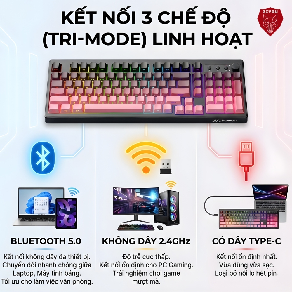 Bàn Phím Bluetooth Không Dây Ziyou FreeWolf K100 Full Size, LED RGB, Pin 4000mAh, Keycap PBT, Gõ Êm | BigBuy360 - bigbuy360.vn