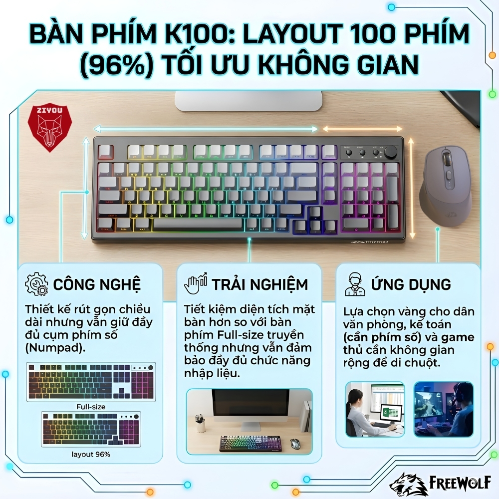 Bàn Phím Bluetooth Không Dây Ziyou FreeWolf K100 Full Size, LED RGB, Pin 4000mAh, Keycap PBT, Gõ Êm | BigBuy360 - bigbuy360.vn