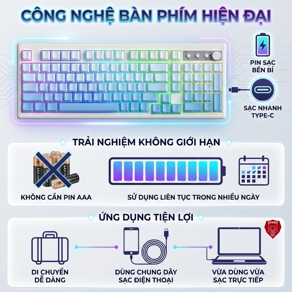 Bàn Phím Bluetooth Không Dây Ziyou FreeWolf K100 Full Size, LED RGB, Pin 4000mAh, Keycap PBT, Gõ Êm | BigBuy360 - bigbuy360.vn