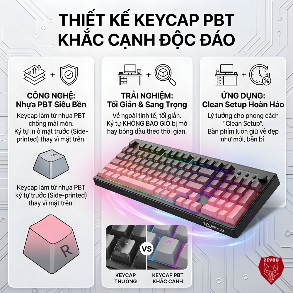 Bàn Phím Bluetooth Không Dây Ziyou FreeWolf K100 Full Size, LED RGB, Pin 4000mAh, Keycap PBT, Gõ Êm | BigBuy360 - bigbuy360.vn