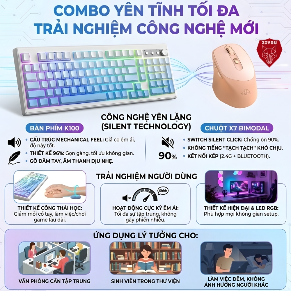 Combo Bàn Phím Chuột Không Dây Ziyou Free Wolf K100 LED RGB 16.8 Triệu Màu, Pin Khủng 4.000mAh | BigBuy360 - bigbuy360.vn