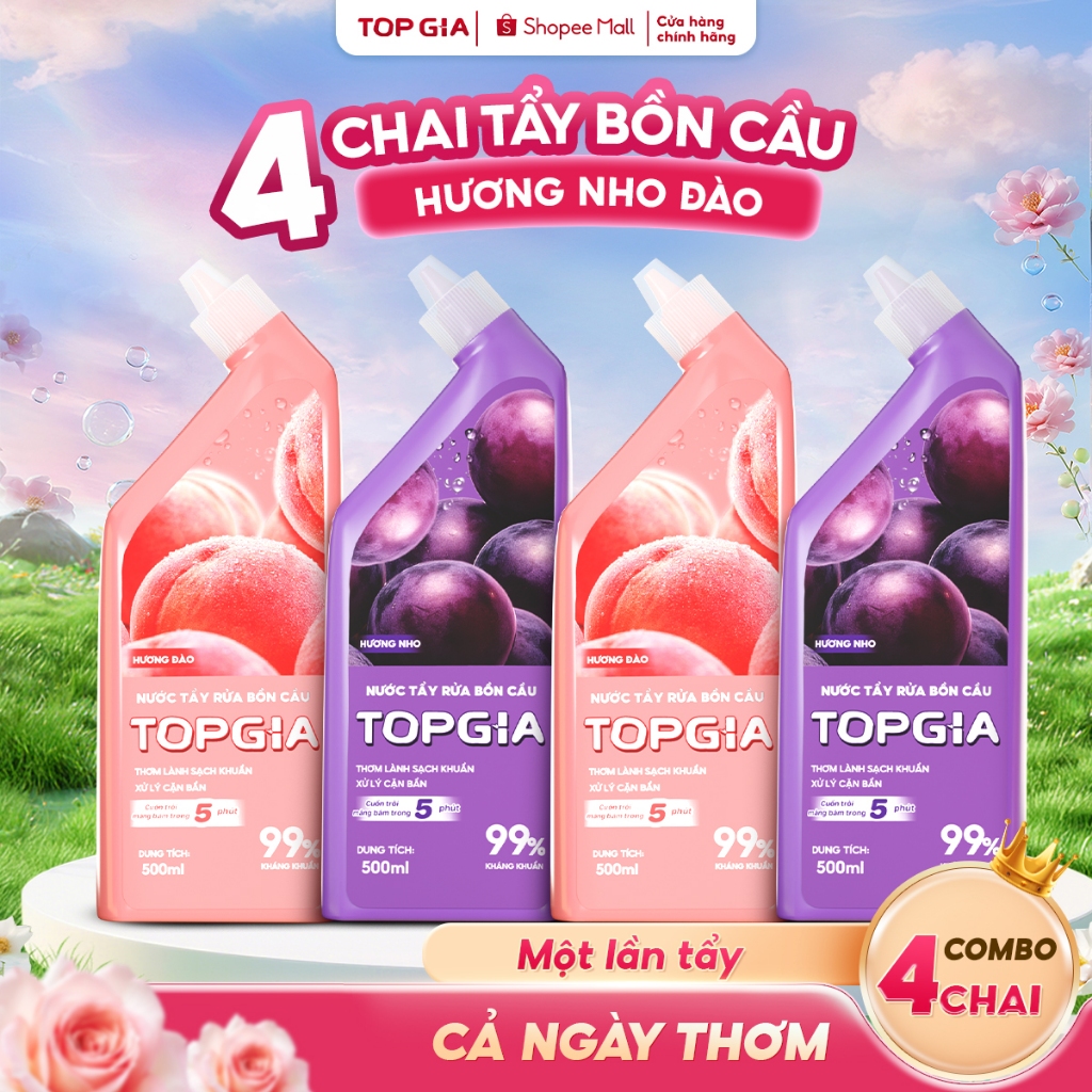 Combo 4 chai 500ml nước tẩy bồn cầu TOPGIA hương thơm dịu nhẹ, khử mùi hôi phù hợp với nhiều bề mặt