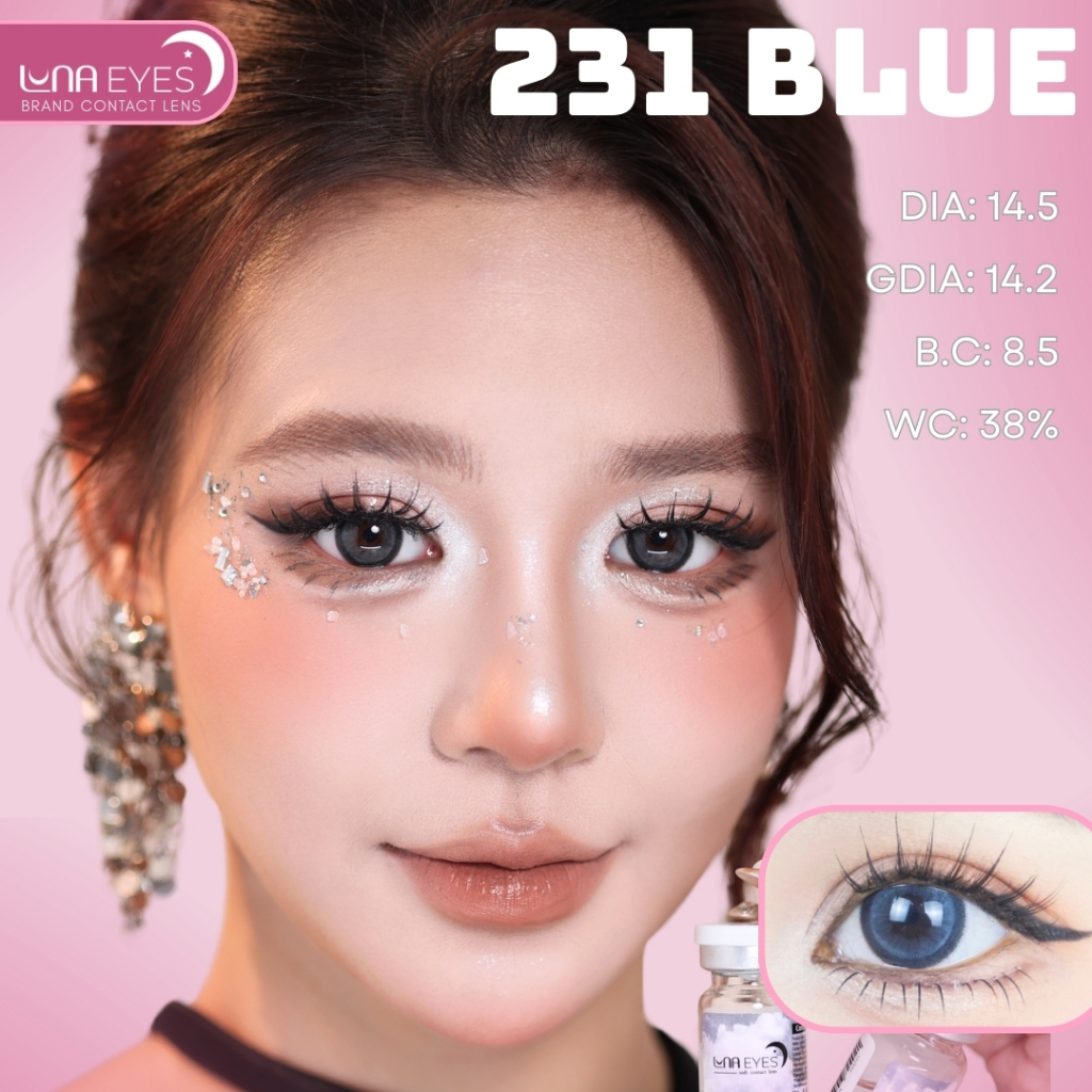 [6 tháng] Lens mắt FB-231 Blue màu xanh trơn viền đen bản to mắt mèo nổi bật, size lớn - LUNA EYES b