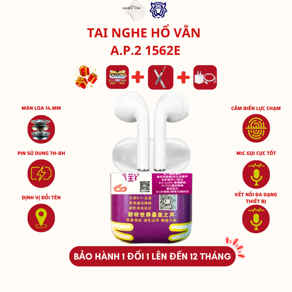 Tai Nghe Không Dây 1562E AP2 – Chip Cao Cấp – Âm Thanh HiFi – Đàm Thoại Rõ – Pin Trâu