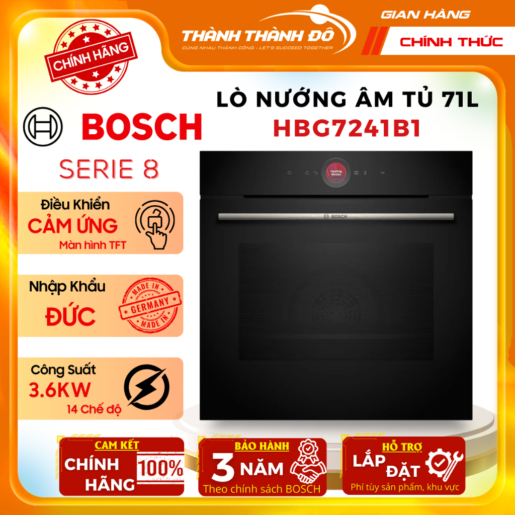 [CHÍNH HÃNG] Lò nướng âm tủ Bosch HBG7241B1 Series 8 - 60x60cm - 71L - Màu Đen - Nhập khẩu Đức