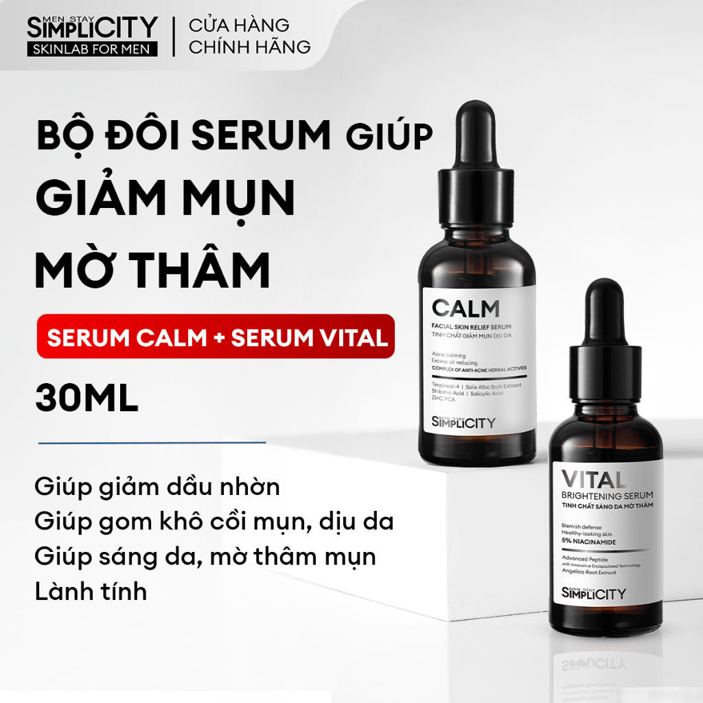 Combo serum Calm & Vital giảm mụn sáng da mờ thâm cho nam BHA + Peptide + 5% Niacinamide Men Stay Simplicity 30ml