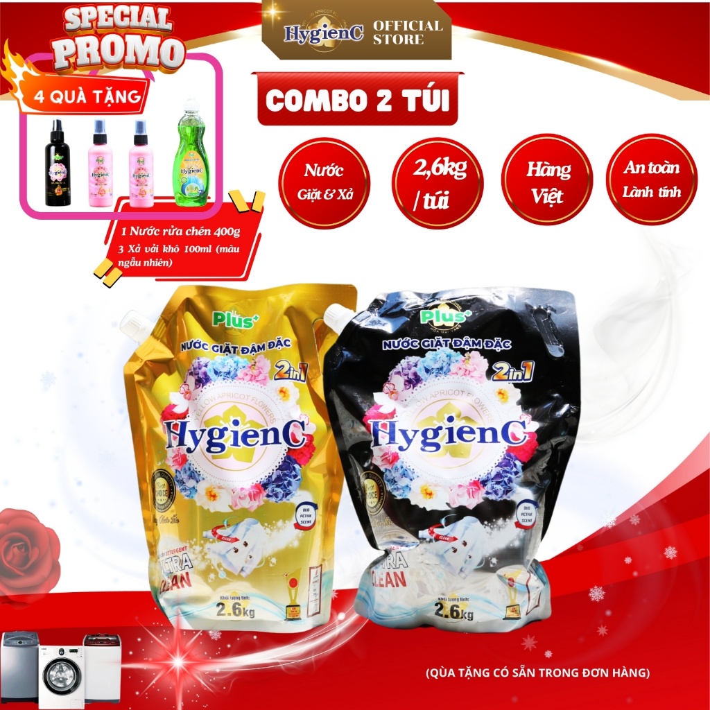 Combo 2 túi nước giặt đậm đặc HygienC Plus+ Khối lượng 2.6Kg - CB2T1