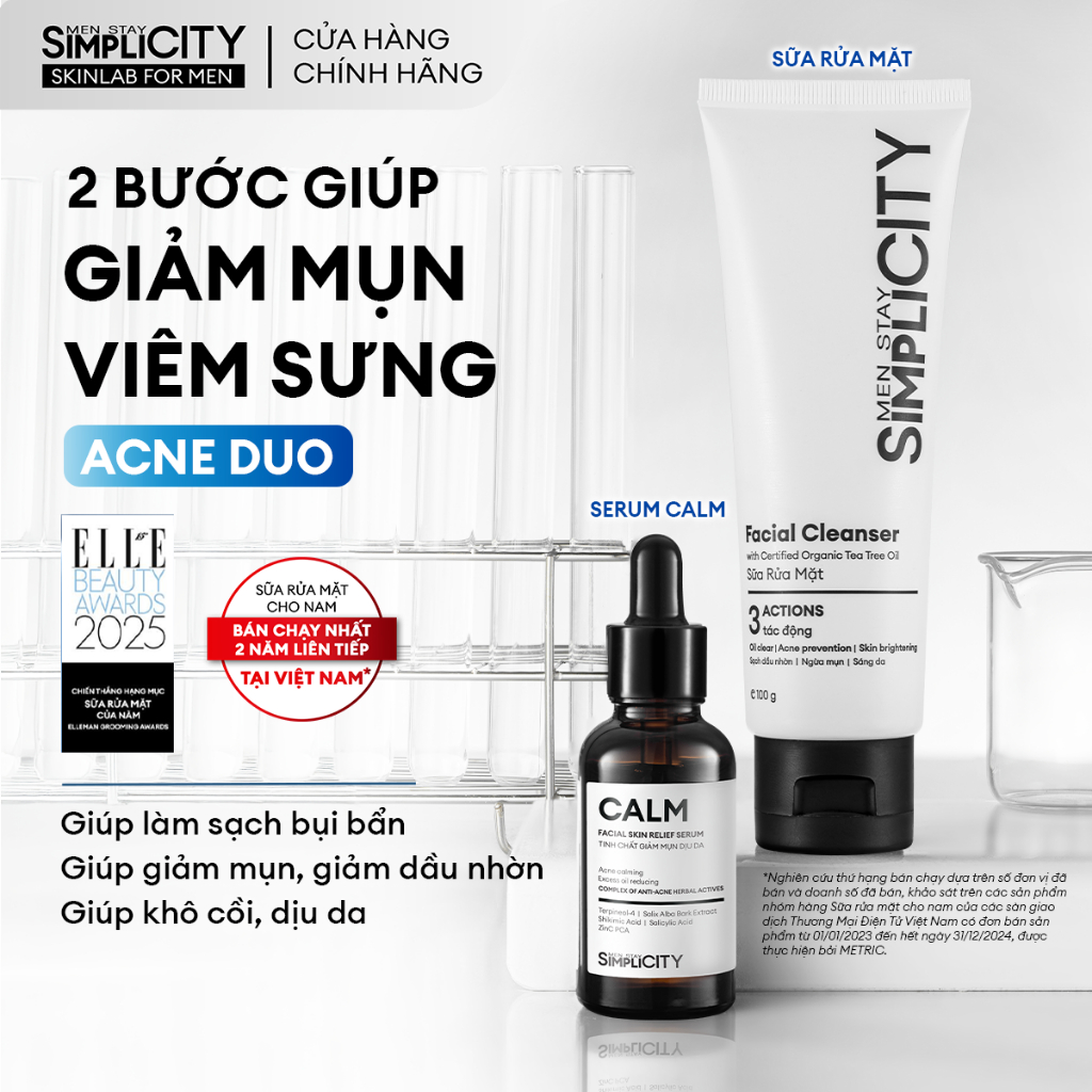 Combo Acne Duo giảm mụn sưng viêm cho nam Men Stay Simplicity: Sữa rửa mặt 100g và Serum Calm 30ml