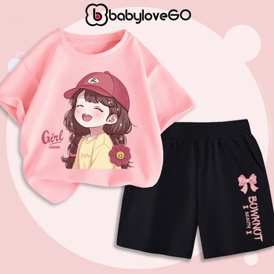 Bộ quần áo mùa hè bé gái BabyloveGO mẫu mới 2026 bộ thun ngắn tay cho bé in hình gấu độc đáo dễ thương B-BG58-HE27