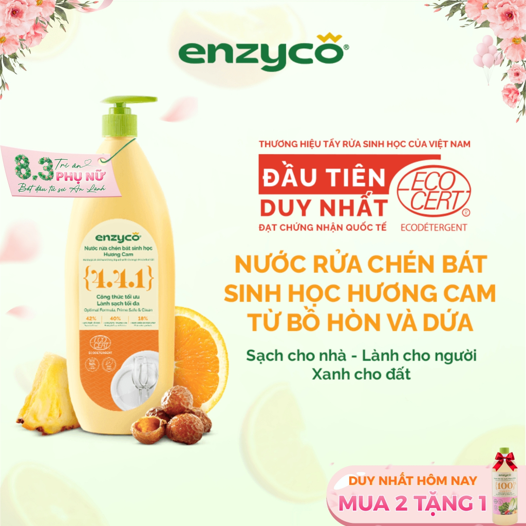 Nước Rửa Chén Bát Ăn Dặm Cho Bé ENZYCO Từ Bồ Hòn Và Dứa Đạt Chứng Nhận ECODETERGENT-ECOCERT, Hương C