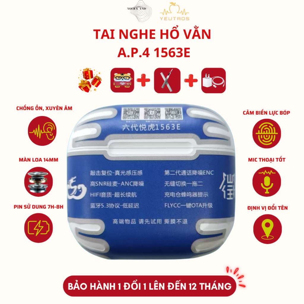 Tai Nghe Bluetooth 1563E Hổ Vằn AP4 – Chip Cao Cấp – Chống Ồn ANC – Pin 6–8H – Sạc Không Dây
